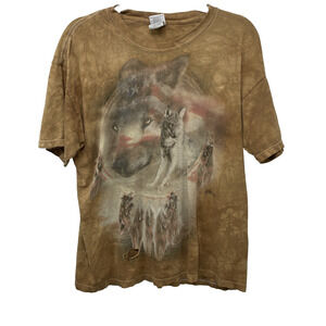 Thrashed Y2K Wolf T Shirt Streetwear Mens L‎ Faded Acid Wash Indian Brown Holes